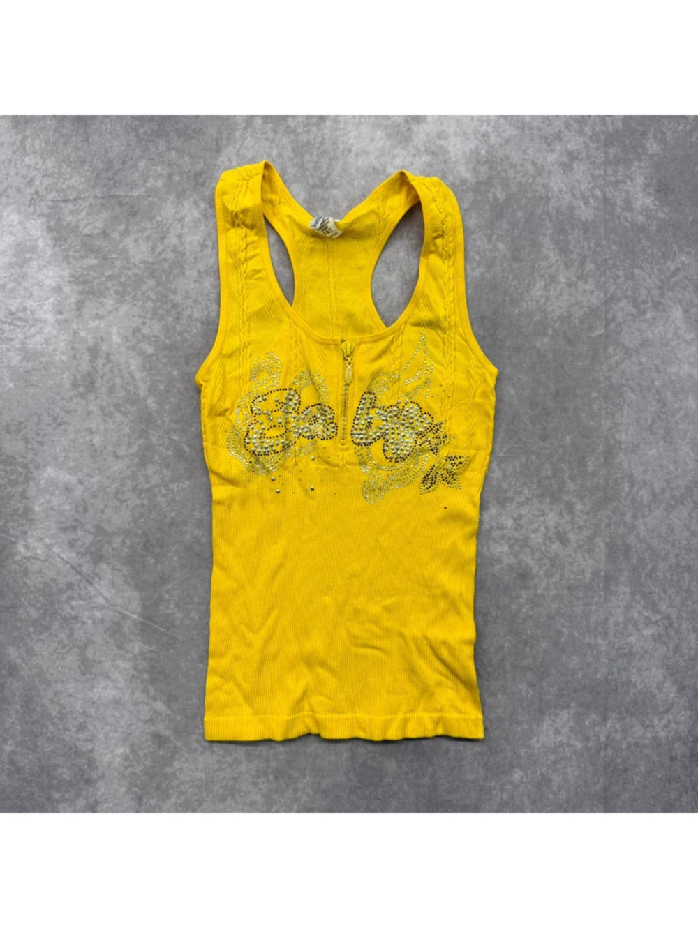 Vintage Y2K YiTong Bright Yellow Cable Knit Rhinestone Zip Tank Top Small